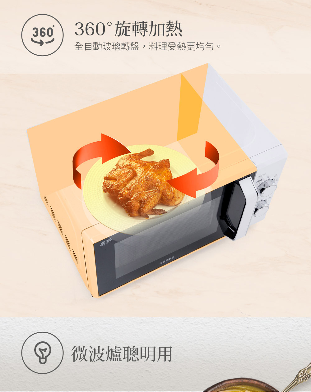 360旋转加热 全自动玻璃转盘,料理受热更均匀。 微波炉聪明用 