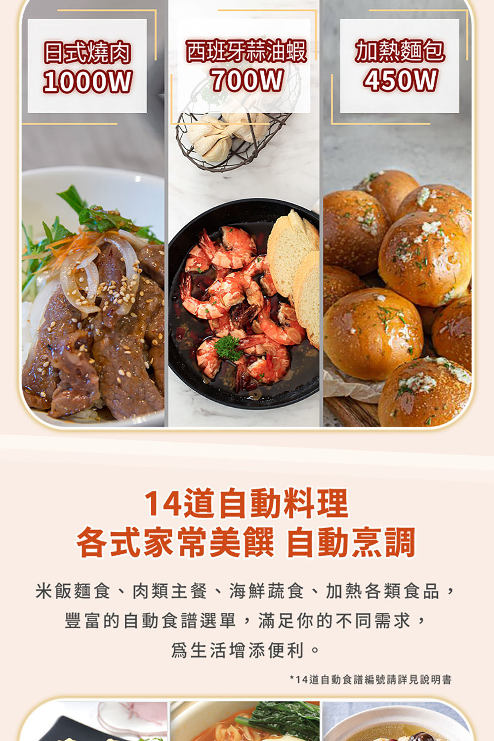 米饭面食、肉类主餐、海鲜蔬食、加热各类食品,