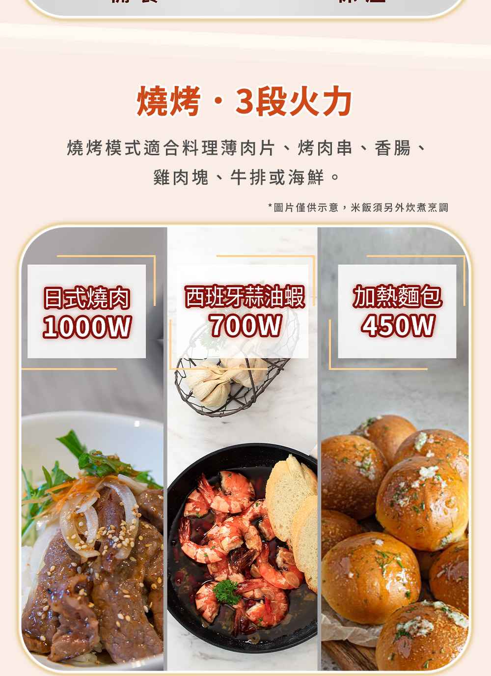 烧烤模式适合料理薄肉片、烤肉串、香肠、
