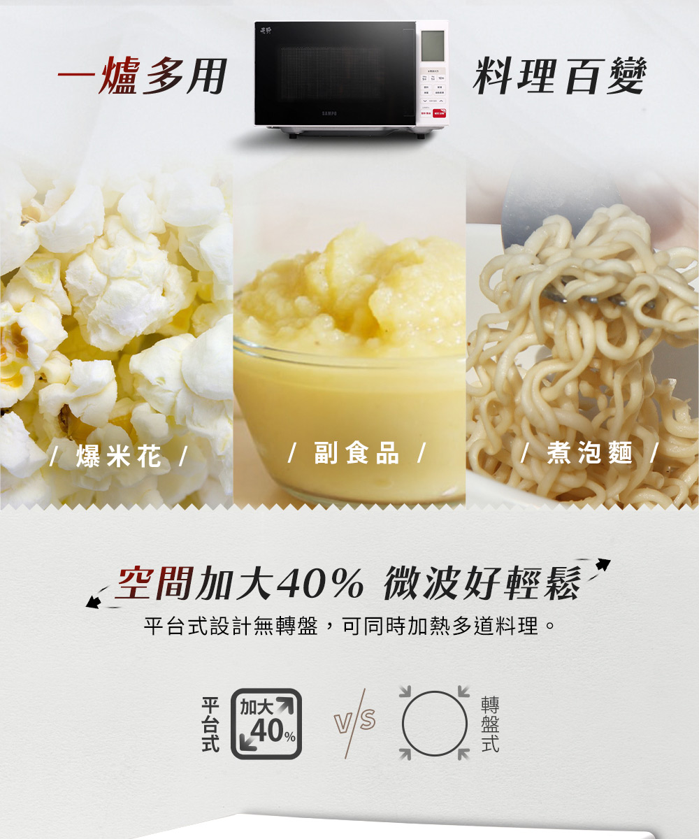 平台式设计无转盘,可同时加热多道料理。