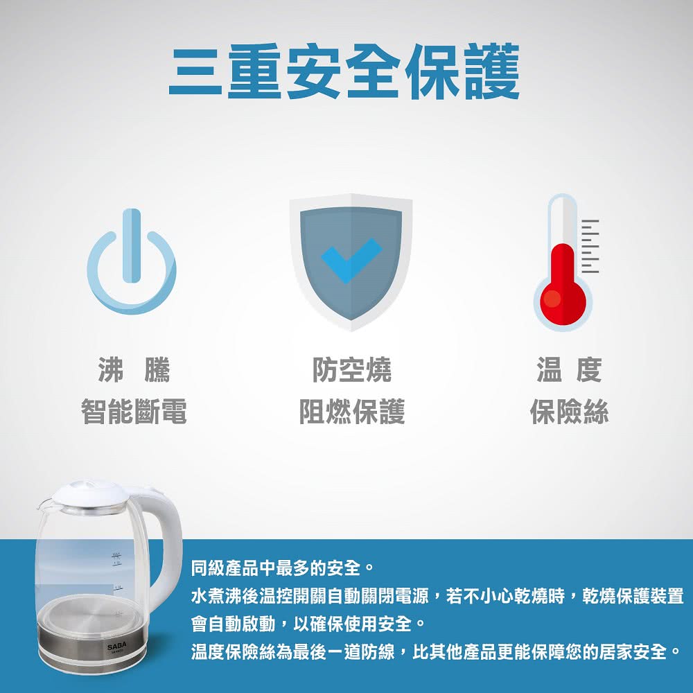 水煮沸后温控开关自动关闭电源,若不小心干烧时,干烧保护装置