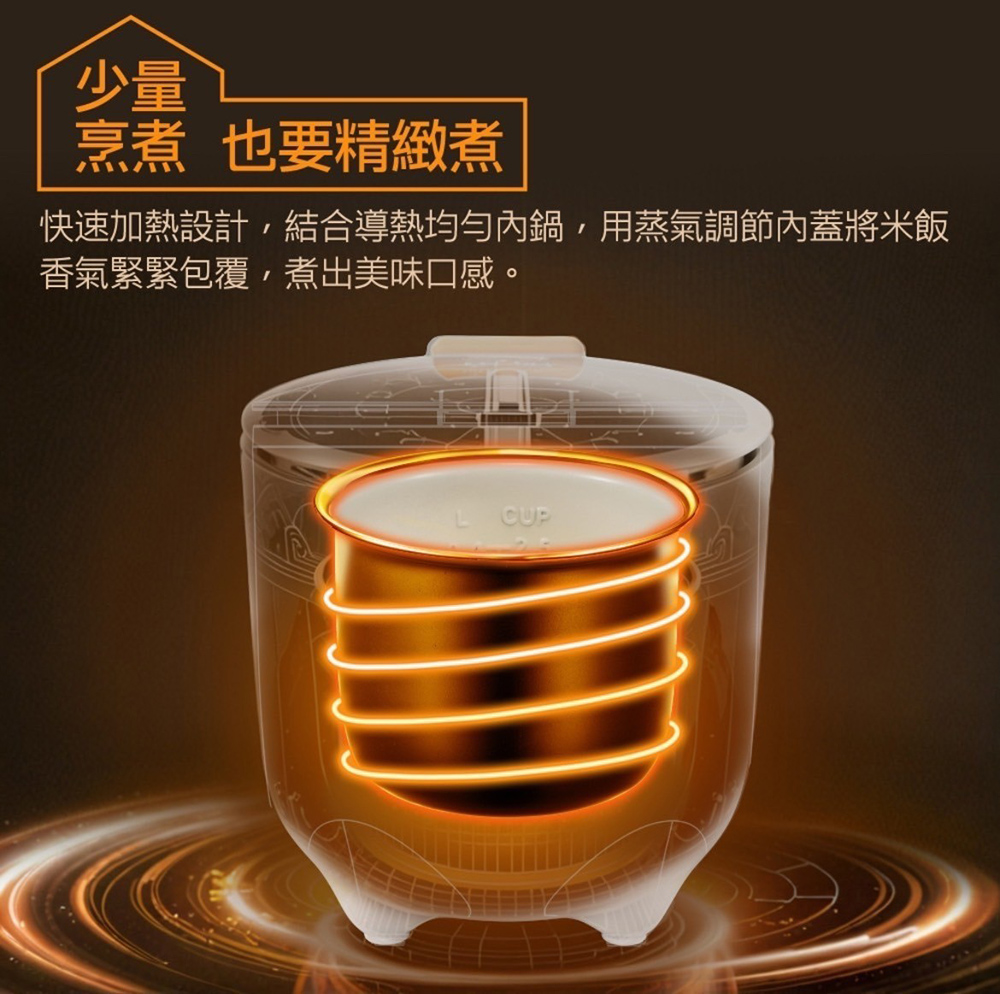 少量 烹煮 也要精致煮 快速加热设计,结合导热均匀内锅,用蒸气调节内盖将米饭 香气紧紧包覆,煮出美味口感。 