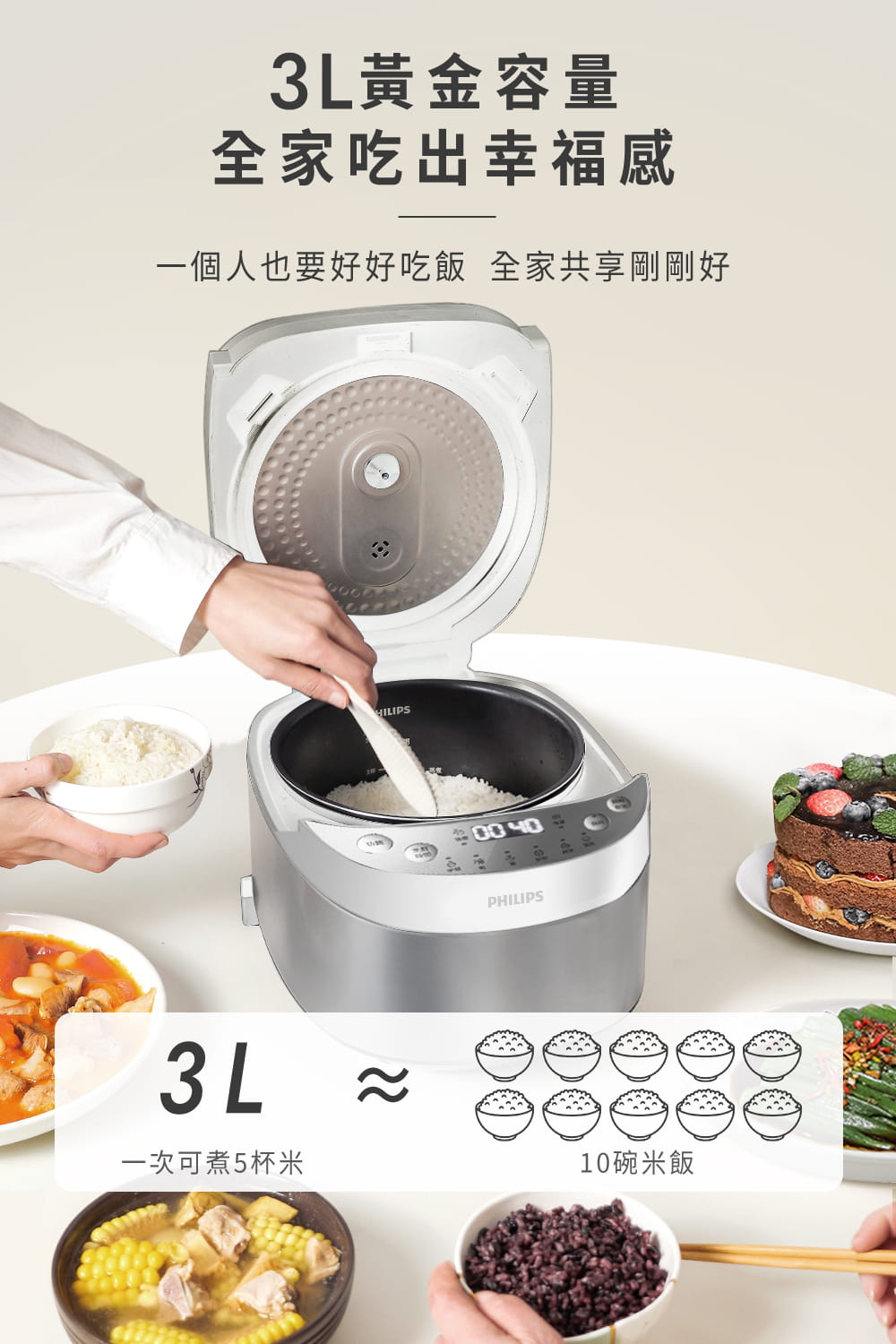 3L黄金容量 全家吃出幸福感 一个人也要好好吃饭 全家共享刚刚好 一次可煮5杯米 10碗米饭 