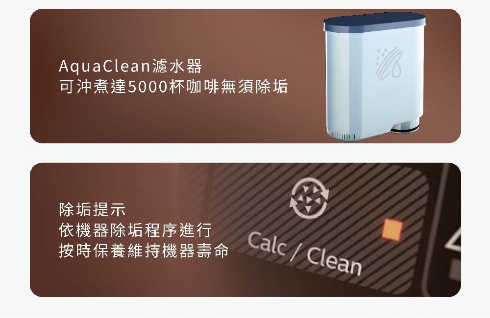 AquaClean滤水器 可冲煮达5000杯咖啡无须除垢 除垢提示 依机器除垢程序进行 按时保养维持机器寿命 