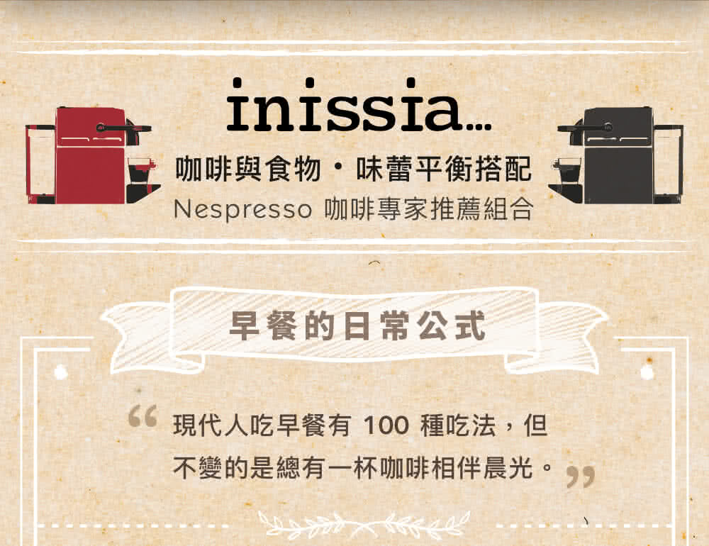 咖啡与食物味蕾平衡搭配 Nespresso咖啡专家推荐组合 早餐的日常公式 现代人吃早餐有 100 种吃法,但 不变的是总有一杯咖啡相伴晨光。 