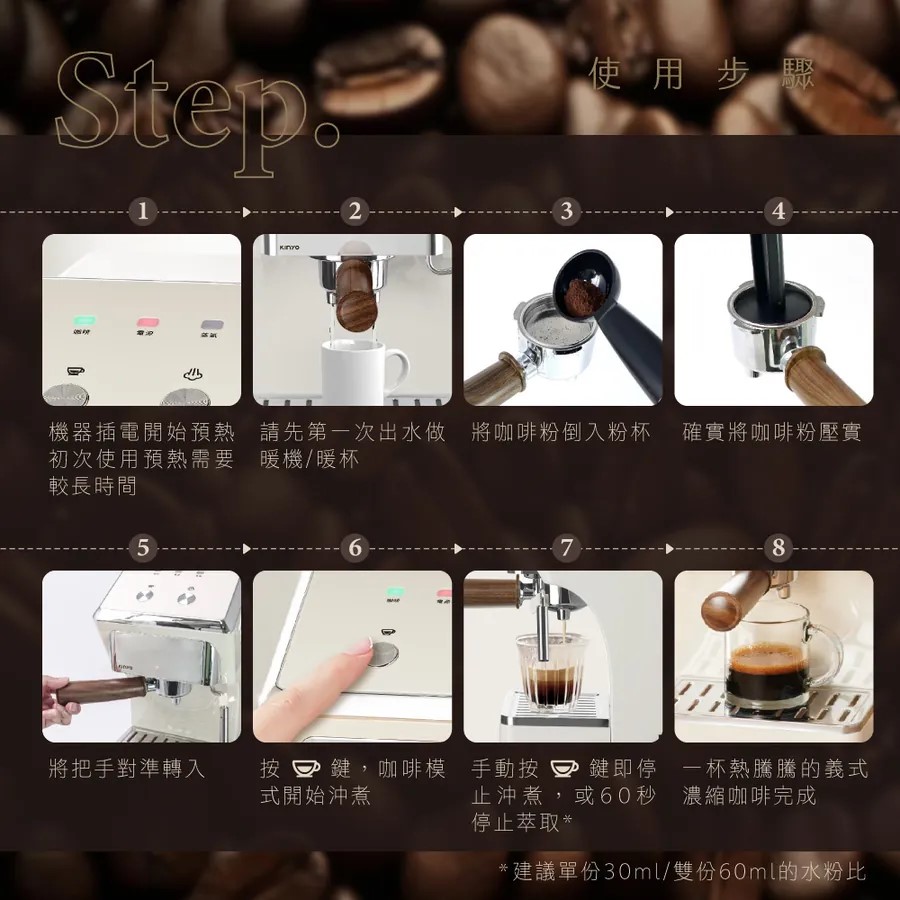 请先第一次出水做 将咖啡粉倒入粉杯 确实将咖啡粉压实