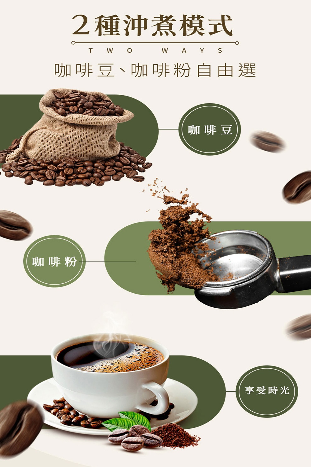 2种冲煮模式 咖啡豆、咖啡粉自由选 咖啡粉 咖啡豆 享受时光 