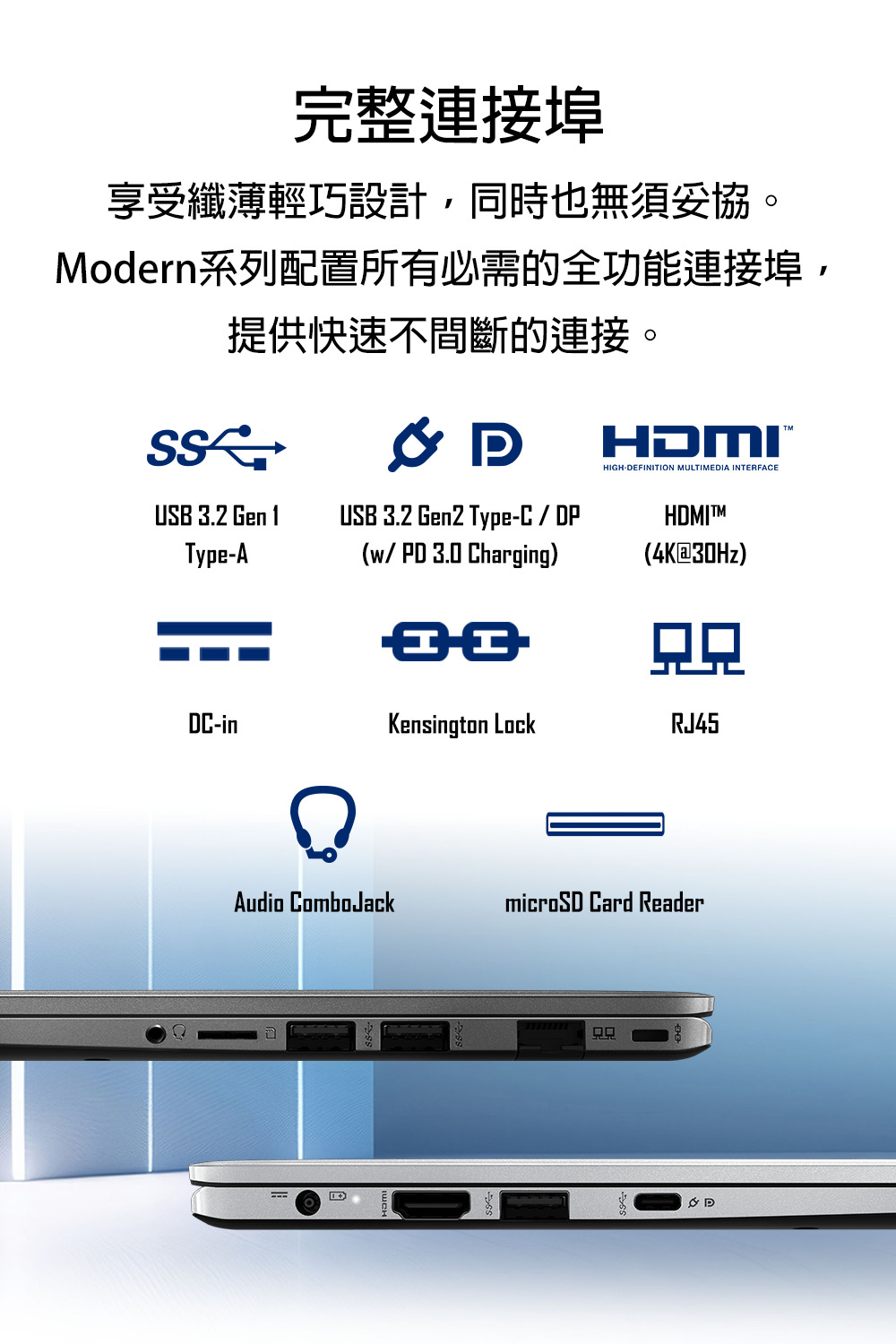 完整连接埠 享受纤薄轻巧设计,同时也无须妥协。 Modern系列配置所有必需的全功能连接埠, 提供快速不间断的连接。 回味 