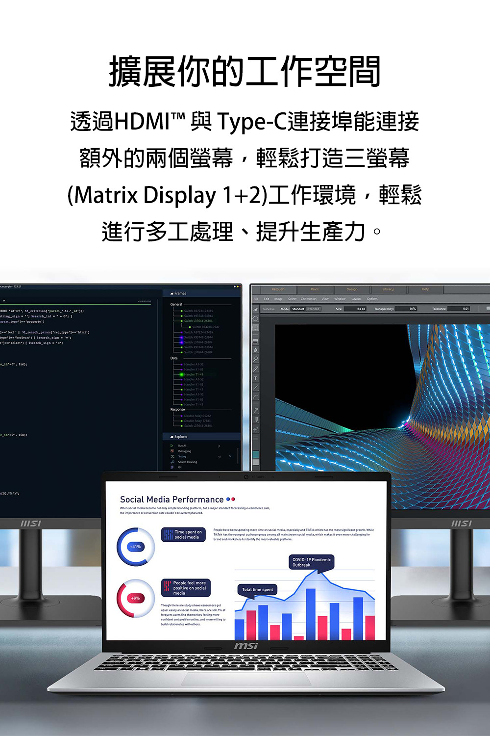扩展你的工作空间 透过HDMI 与 TypeC连接埠能连接 额外的两个萤幕,轻松打造三萤幕 进行多工处理、提升生产力。 