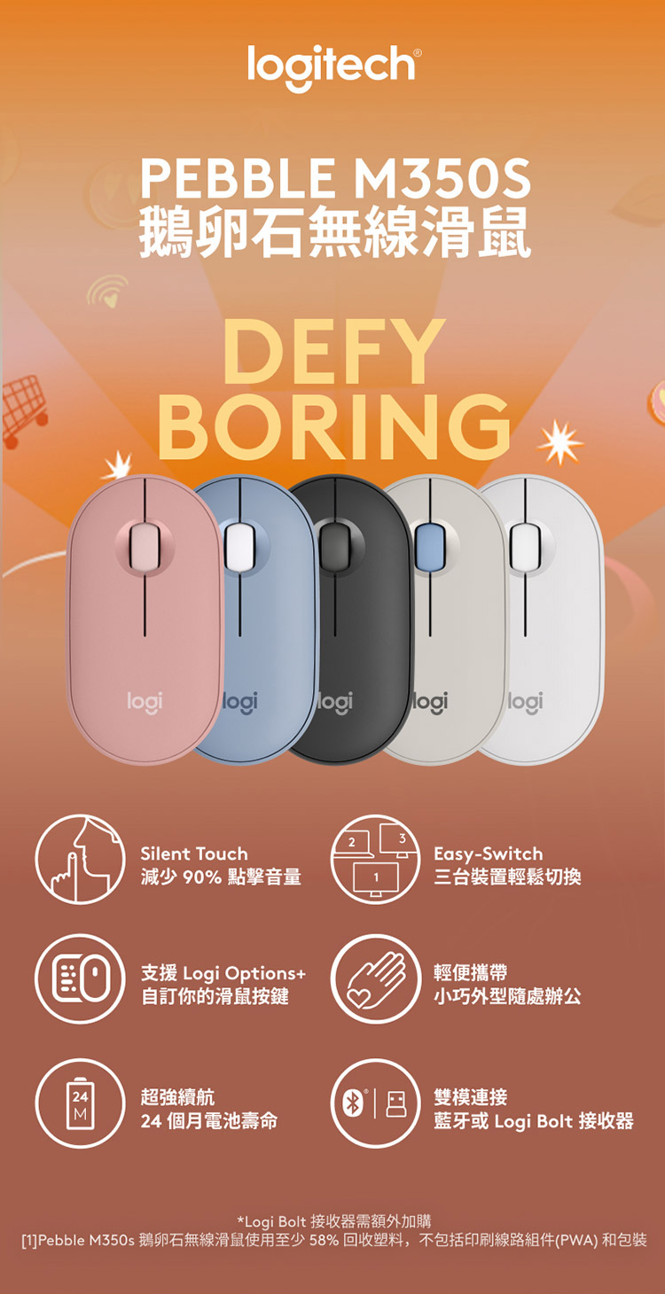 1Pebble M350s 鹅卵石无线滑鼠使用至少58% 回收塑料,不包括印刷线路组件PWA 和包装