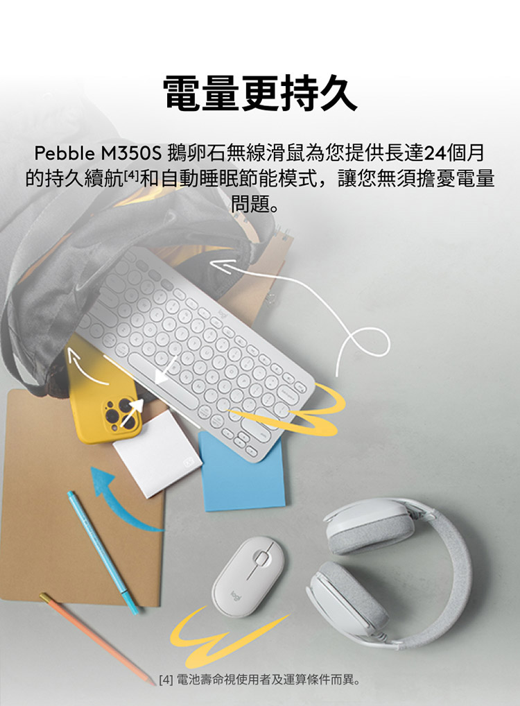 电量更持久 Pebble M350S 鹅卵石无线滑鼠为您提供长达24个月 的持久续航和自动睡眠节能模式,让您无须担忧电量 问题。 4 电池寿命视使用者及运算条件而异。 