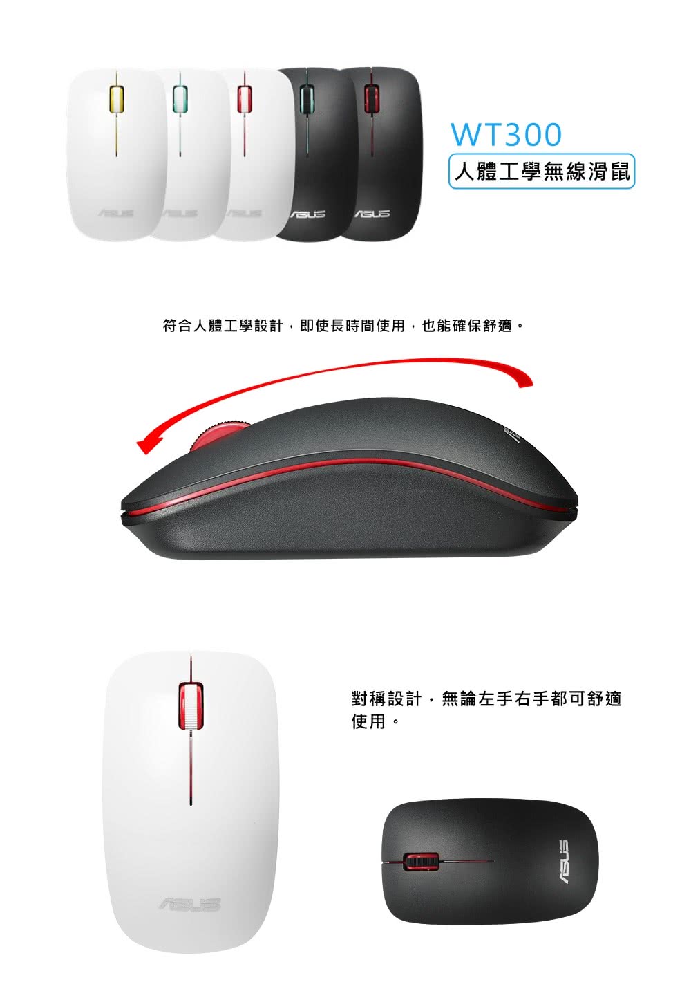 人体工学无线滑鼠 符合人体工学设计,即使长时间使用,也能确保舒适。 对称设计,无论左手右手都可舒适 使用。 