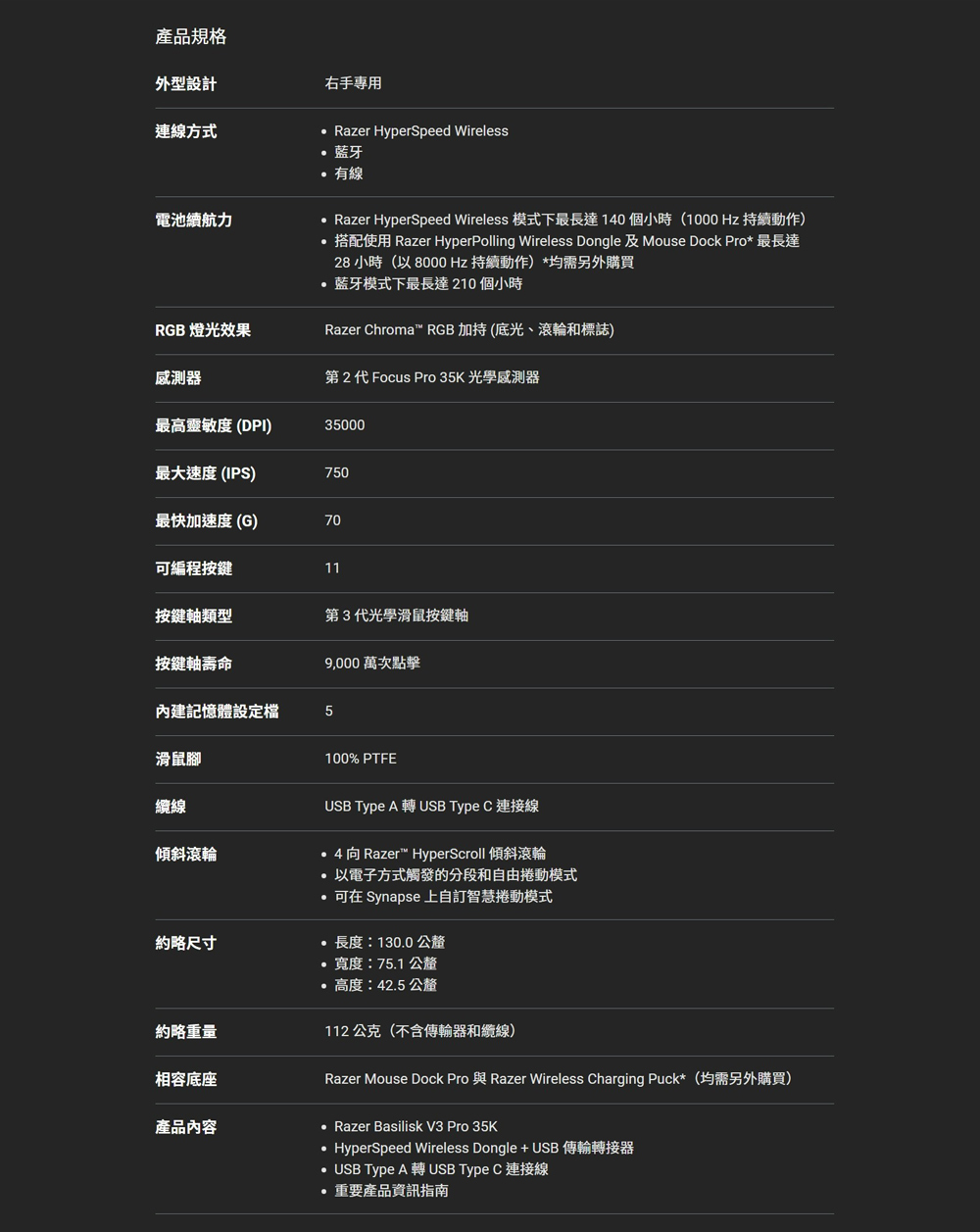 搭配使用 Razer HyperPolling Wireless Dongle 及 Mouse Dock Pro 最长达