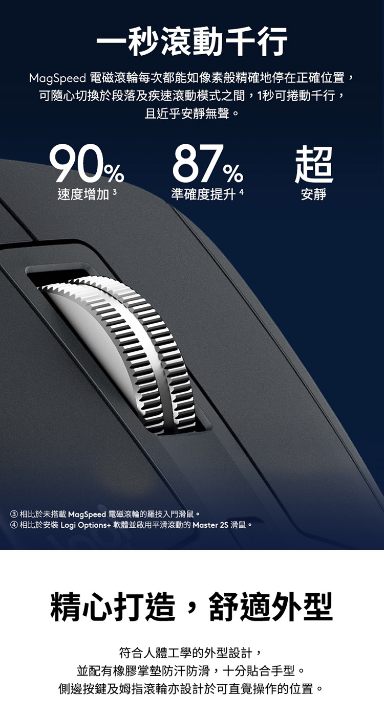 相比于安装 Logi Options 软体并启用平滑滚动的 Master 2S 滑鼠。