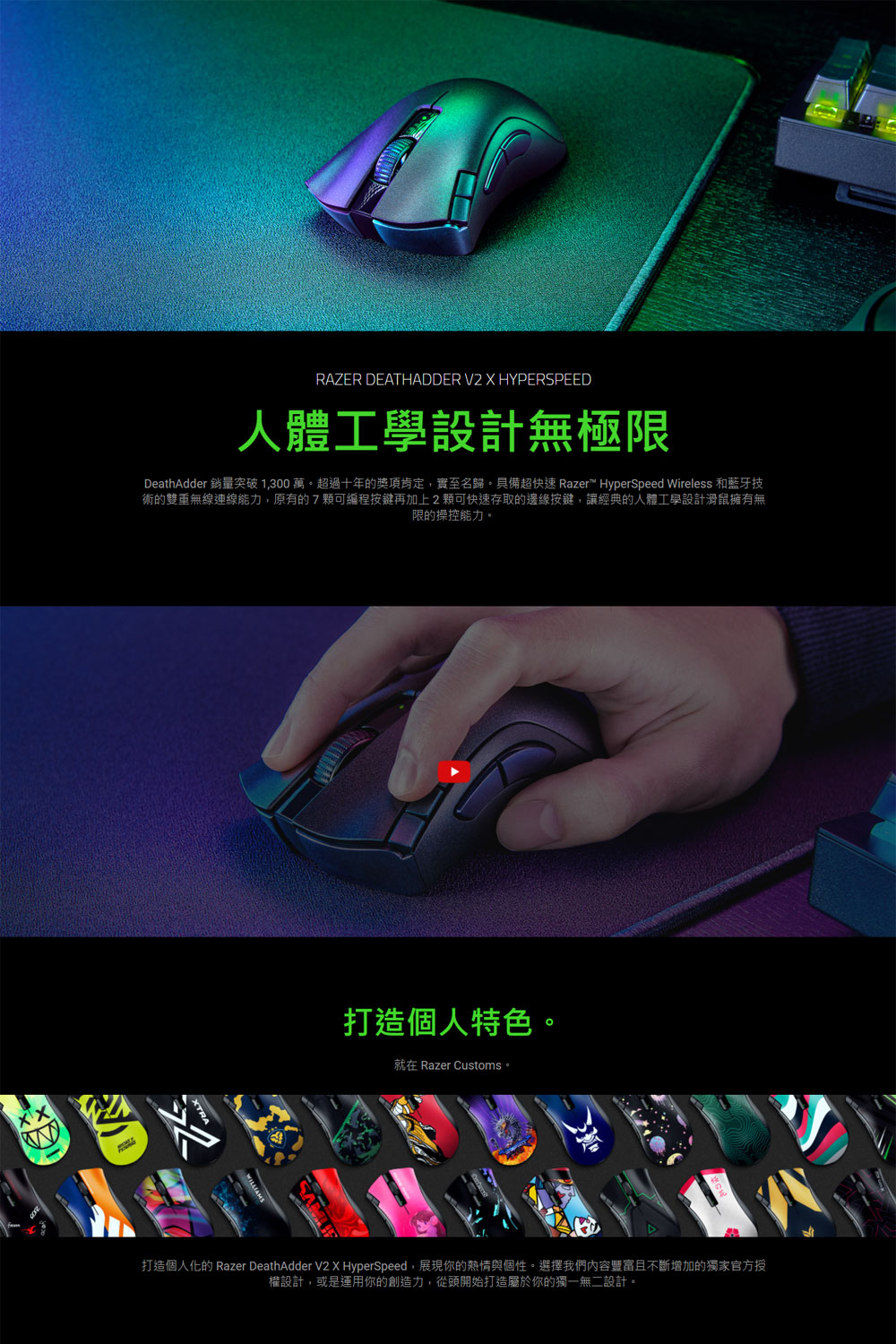 DeathAdder销量突破 1,300万。超过十年的奖项肯定,实至名归。具备超快速 Razer HyperSpeed Wireless和蓝牙技
