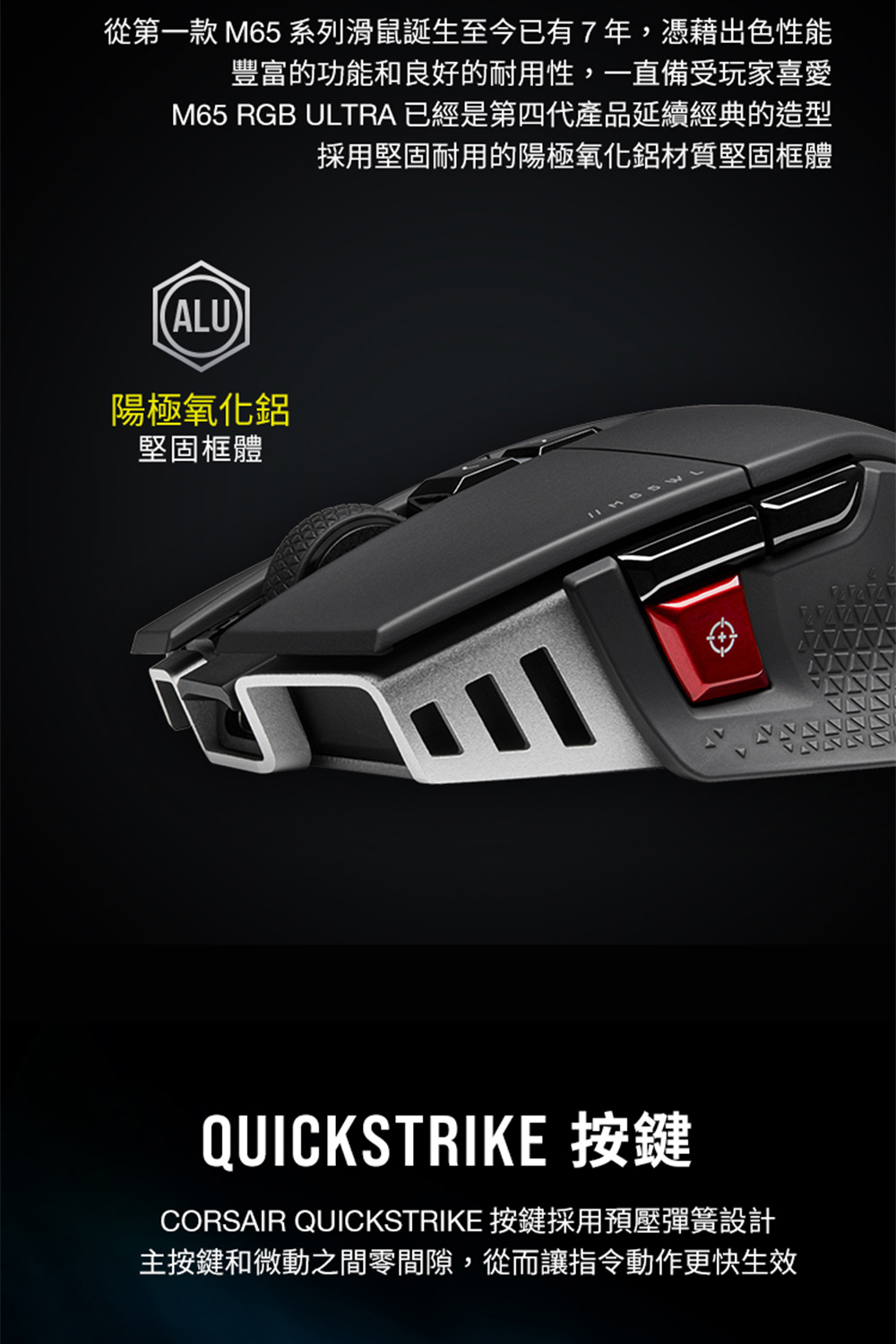 CORSAIR QUICKSTRIKE 按键采用预压弹簧设计