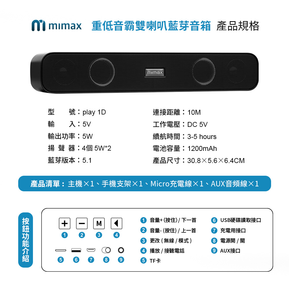 产品清单主机1、手机支架1、Micro充电线x1、AUX音频线1