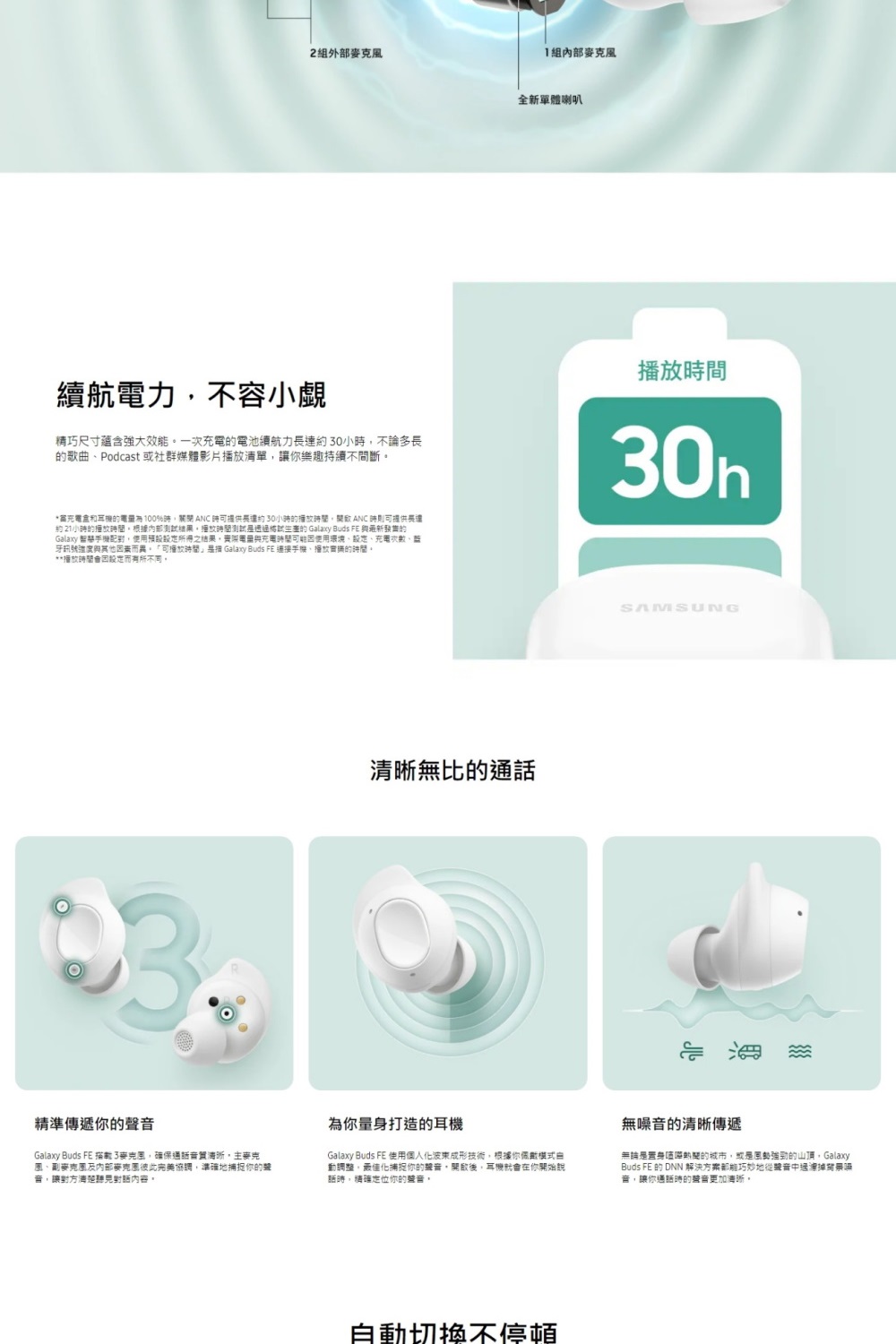 约 21小时的播放时间。根据内部测试结果,播放时间测试是透过将试生产的 Galaxy Buds FE 与最新发售的