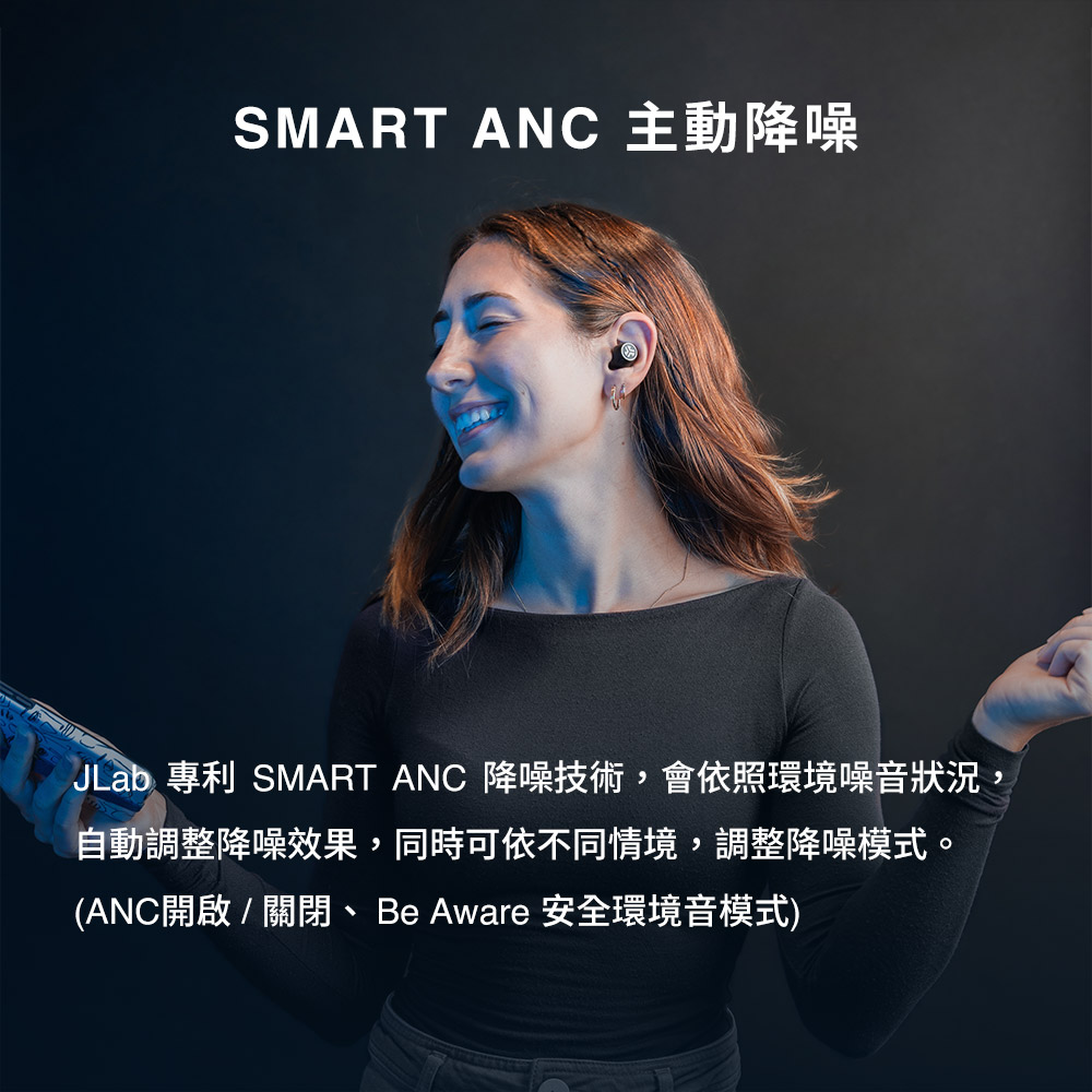 SMART ANC 主动降噪 JLab 专利 SMART ANC 降噪技术,会依照环境噪音状况, 自动调整降噪效果,同时可依不同情境,调整降噪模式。 ANC开启  关闭、 Be Aware 安全环境音模式 