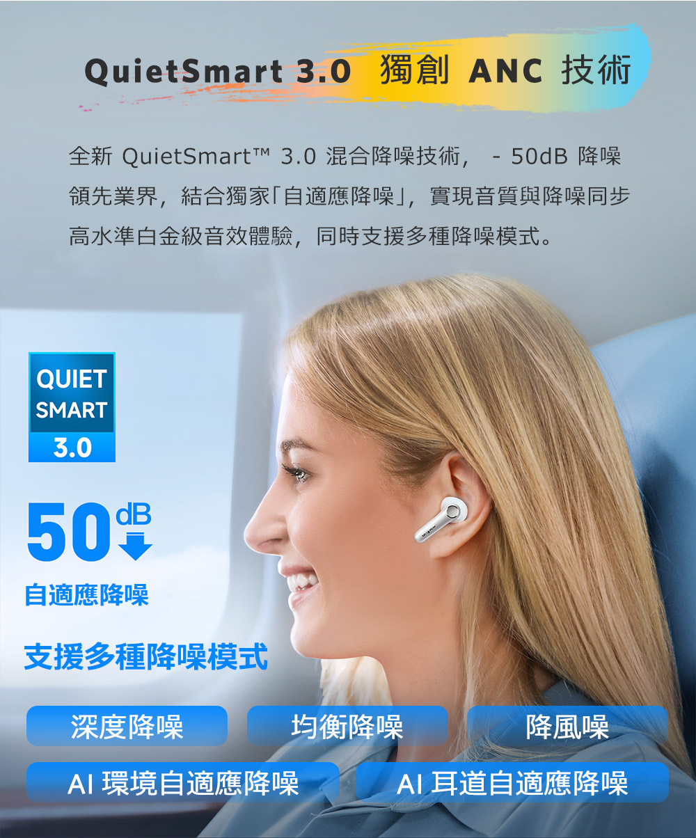 全新 QuietSmart 3.0 混合降噪技术, 50dB 降噪