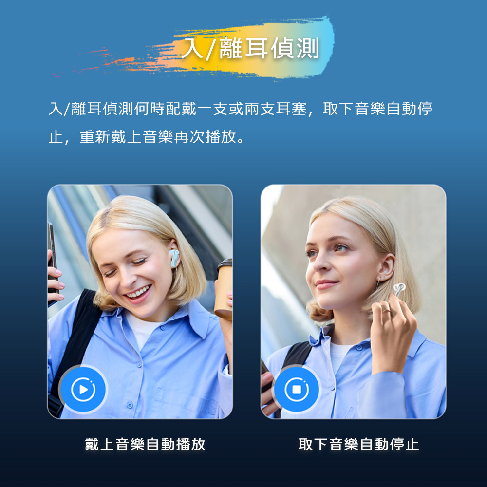 入离耳侦测 入离耳侦测何时配戴一支或两支耳塞,取下音乐自动停 止,重新戴上音乐再次播放。 戴上音乐自动播放 取下音乐自动停止 
