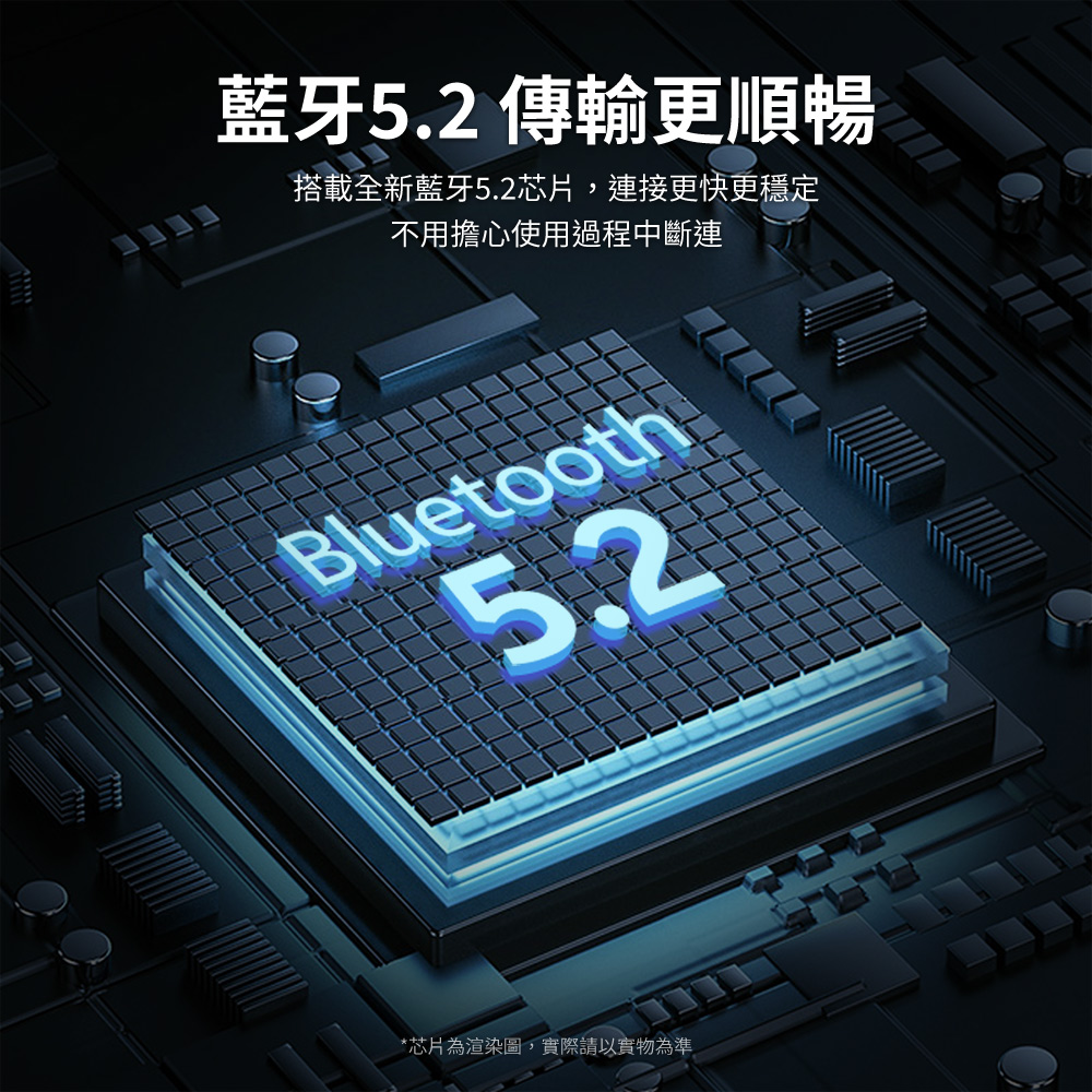 蓝牙5.2 传输更顺畅 搭载全新蓝牙5.2芯片,连接更快更稳定 不用担心使用过程中断连 芯片为渲染图,实际请以实物为准 