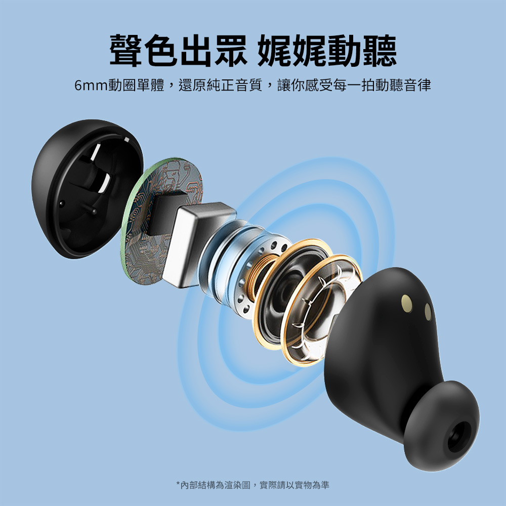 声色出众 娓娓动听 6mm动圈单体,还原纯正音质,让你感受每一拍动听音律 内部结构为渲染图,实际请以实物为准 