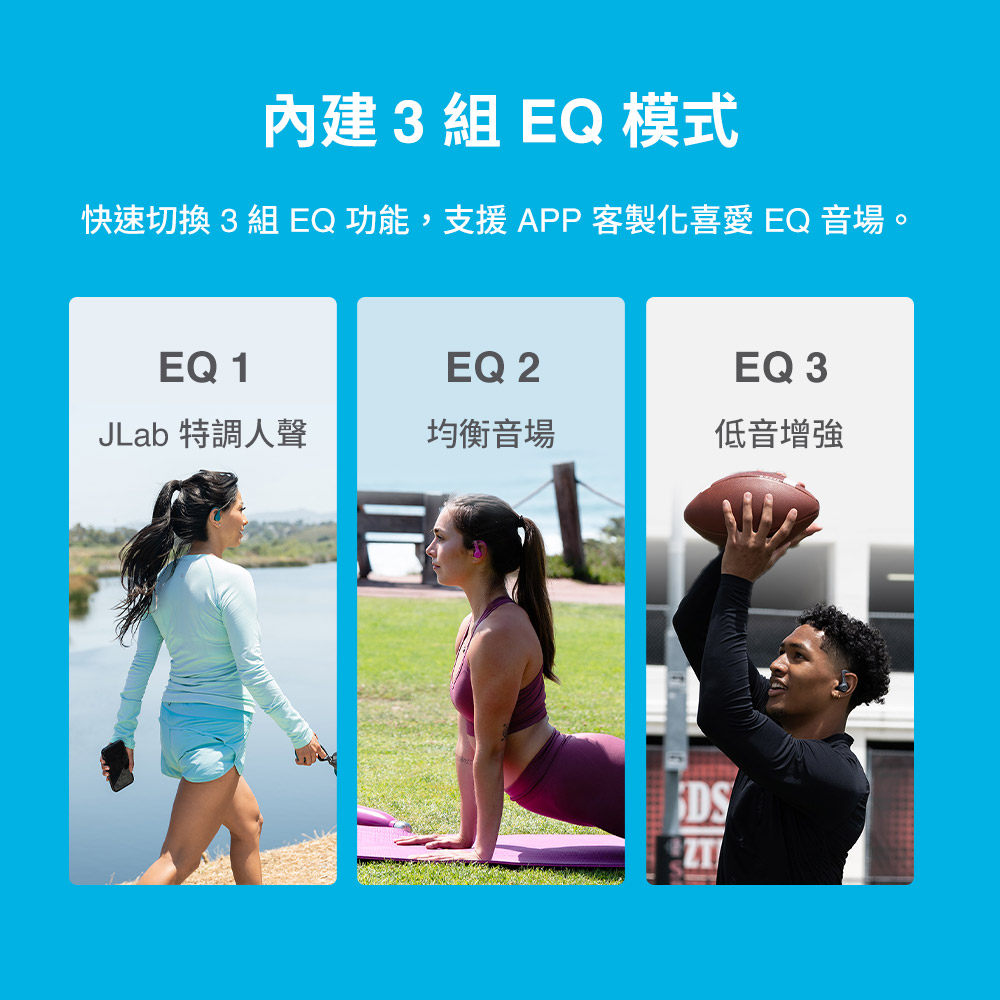 内建 3组 EQ 模式 快速切换 3 组 EQ功能,支援APP客制化喜爱 EQ 音场。 JLab 特调人声 均衡音场 低音增强 