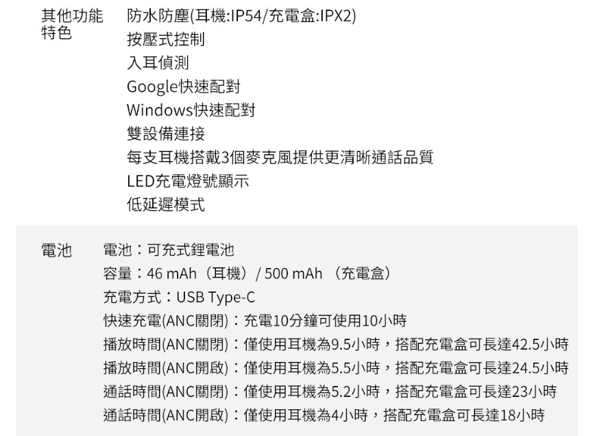 播放时间ANC关闭仅使用耳机为9.5小时,搭配充电盒可长达42.5小时
