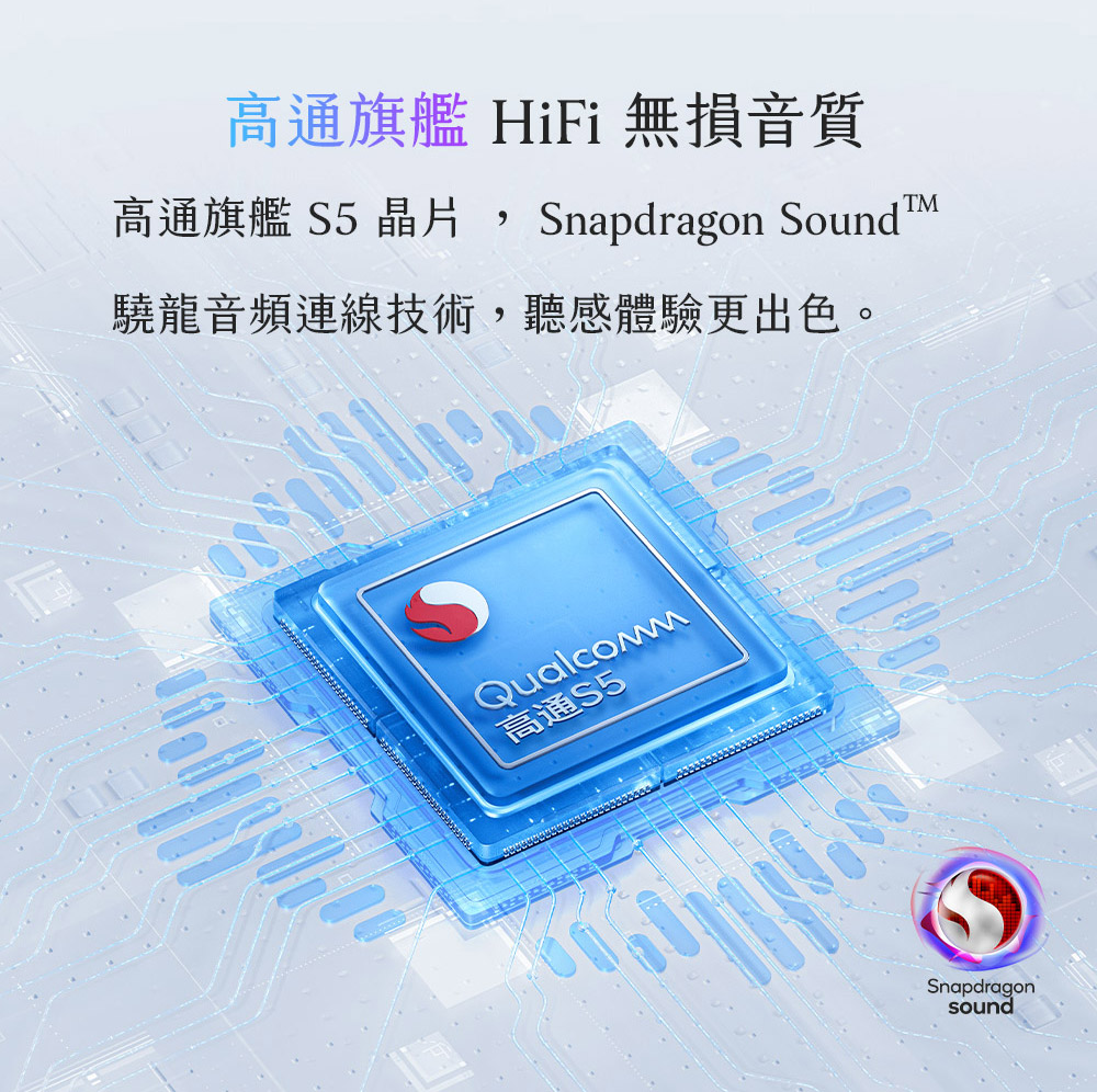 高通旗舰 HiFi 无损音质 高通旗舰 S5 晶片 骁龙音频连线技术,听感体验更出色。 高通S5 