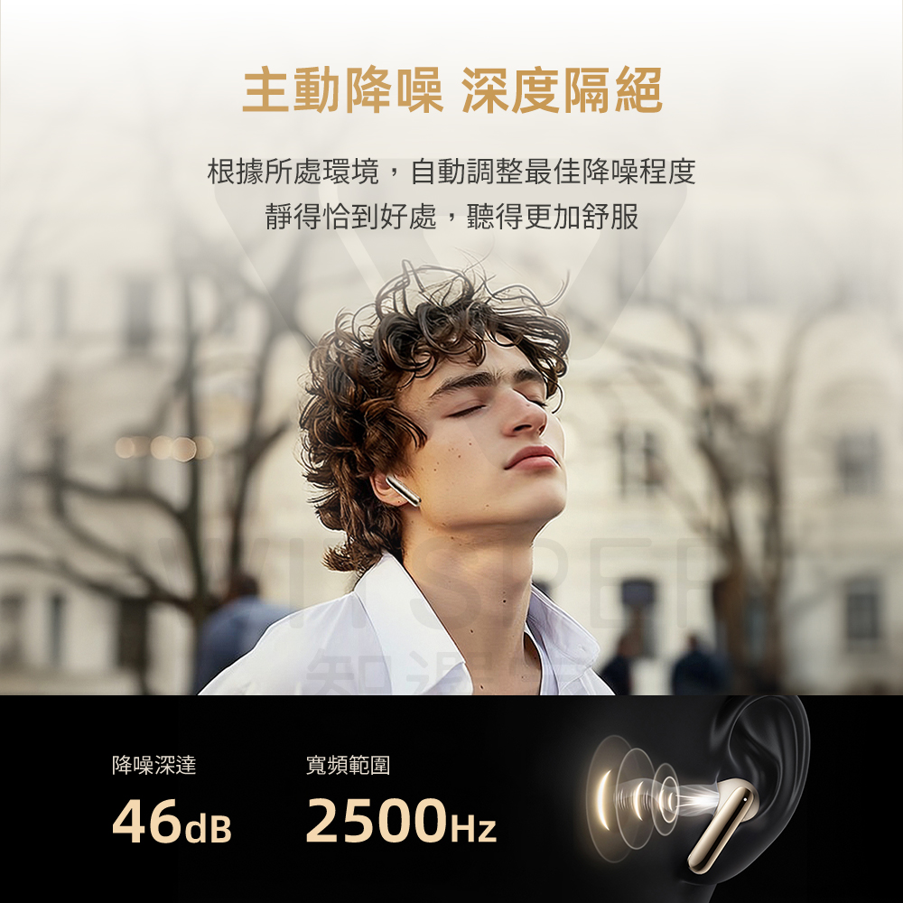 主动降噪 深度隔绝 根据所处环境,自动调整最佳降噪程度 静得恰到好处,听得更加舒服 降噪深达 宽频范围 