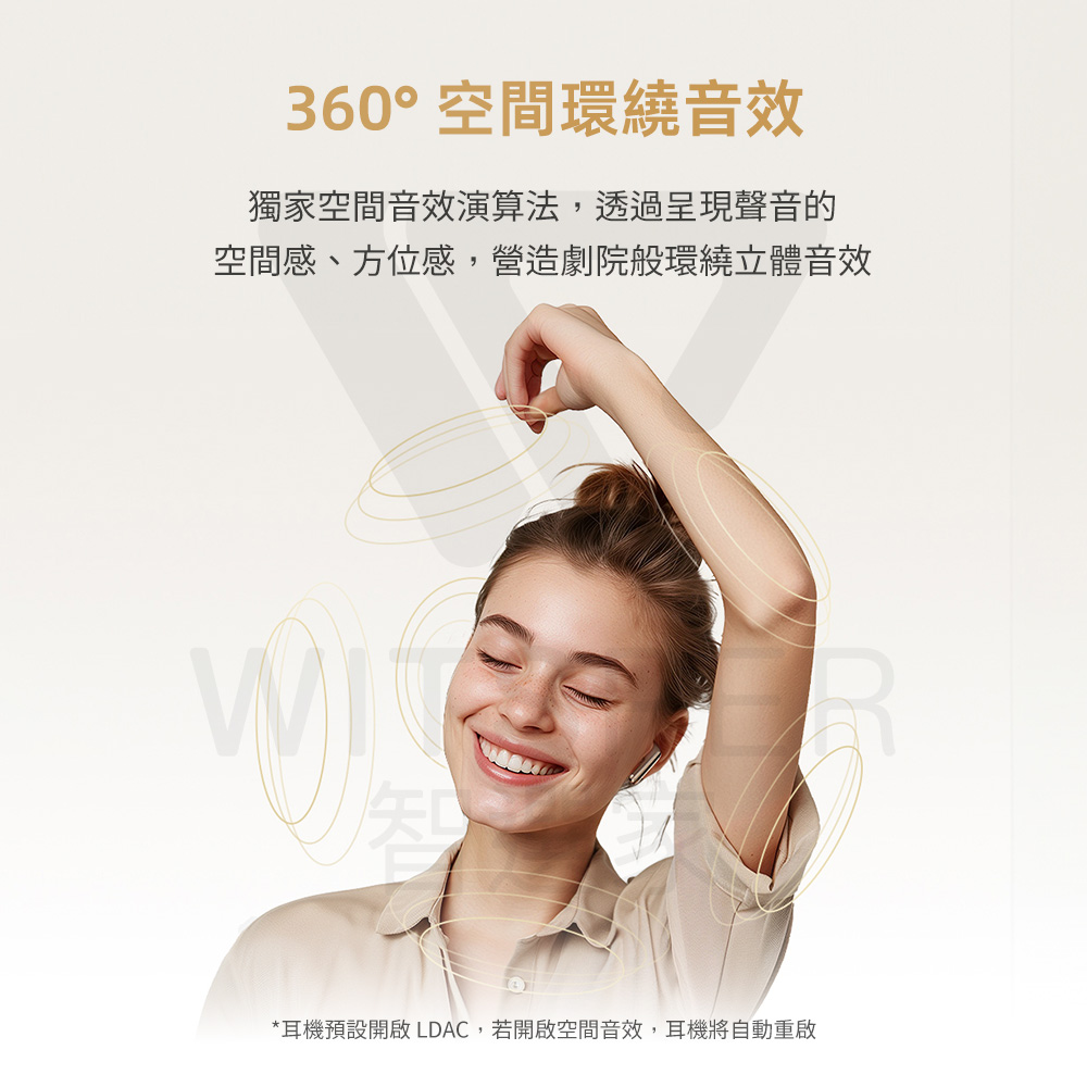 360空间环绕音效 独家空间音效演算法,透过呈现声音的 空间感、方位感,营造剧院般环绕立体音效 耳机预设开启LDAC,若开启空间音效,耳机将自动重启 